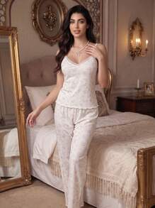 Women's Sweet Ditsy Floral Camisole Pajama Set, V-Neck Lace Trim Design, Soft Flowing Wide Leg Pants - Champagne - View 4