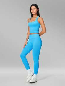 MFVIM Women's Seamless Yoga Set, Backless Tight-Fitting Versatile Yoga Outfit For Outdoor Running And Sports, Tank Top + Leggings 2-Piece Set - Aqua Blue - View 7