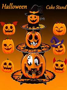 1pc Halloween 3-Tier Cake Display Stand, Paper Pumpkin Dessert Tray, Halloween Party Supplies, 3-Tier Paper Cake Display Rack, Autumn Harvest Table Decor, Ghost Theme Cupcake Stand, Desktop Dessert Display Rack, Halloween Room Decor, Birthday Party Table Decor, Mysterious Theme Table Decor, Home Decor, Household Storage Tray - Multicolor - View 5
