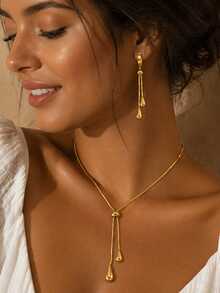 1 Set Gold-Plated Stainless Steel Teardrop Pendant With Tassel Pull-Through Chain Jewelry Set - Gold - View 4