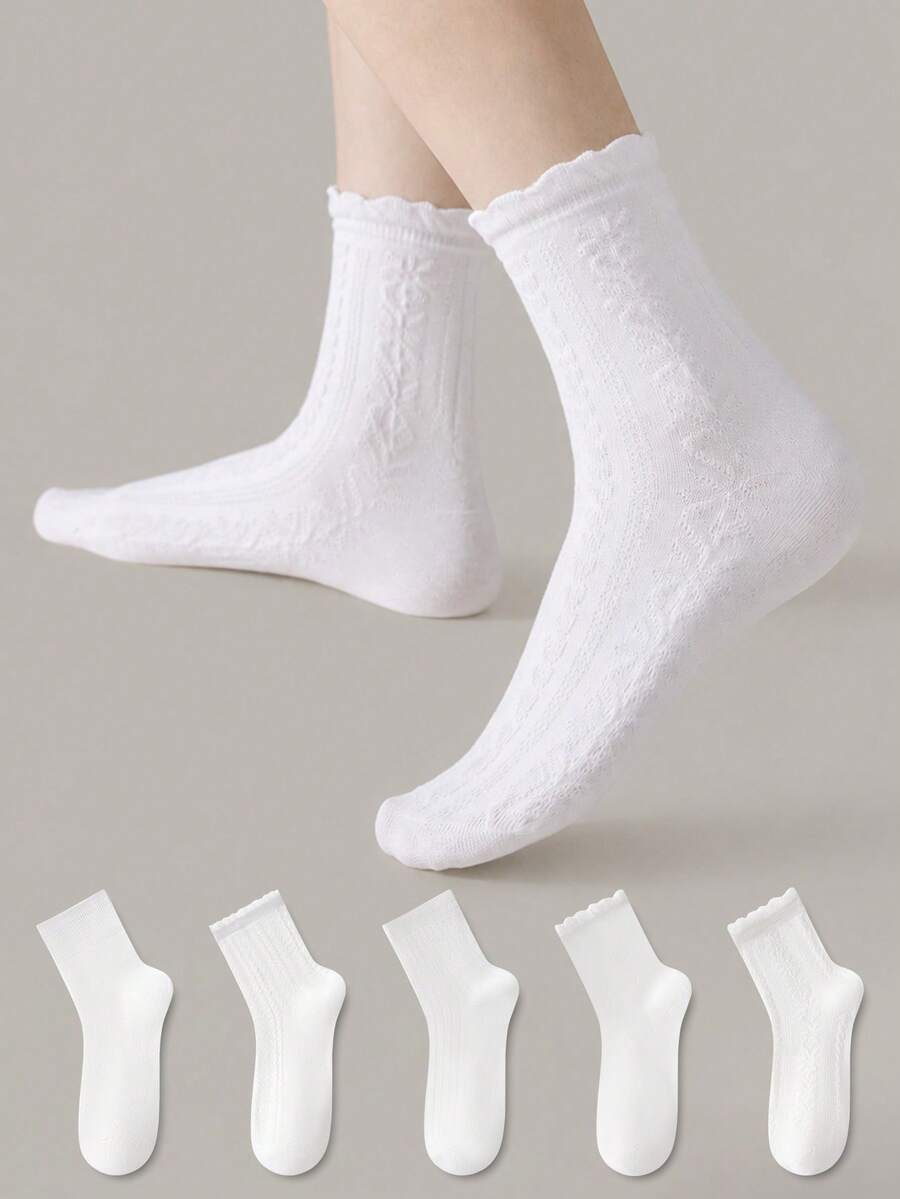 ZUJO 5 Pairs Women's Lace Mid-Calf Socks, 3D Cable Knit Bubble Cuff Design, Comfortable Breathable Slouch Socks, JK Socks, Suitable For Spring, Autumn, Winter Sports And Daily Wear - Multicolor - View 1