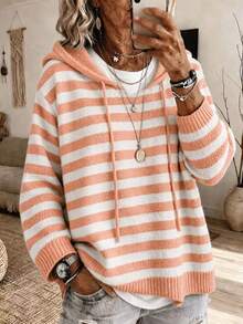 Women's Elegant Hooded Striped Long Sleeve Knit Sweatshirt, Soft And Warm - Orange - View 1