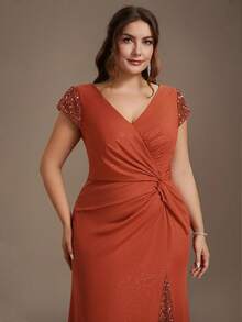 EVERPRETTY Elegant Burnt Orange Plus Size Mother Of The Bride Dress, V-Neck Pleated Waist Design, Sequin Patchwork Fall Wedding Party - Burnt Orange - View 6