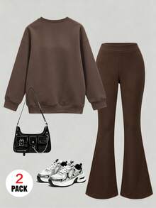 2pcs/Set Girls Slogan Print Crew Neck Long Sleeve Sweatshirt And Leopard Print Flare Pants, Fashion Casual, Suitable For Autumn/Winter - Brown - View 3