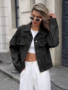 HAPPY GIRL #Jaket Denim Pendek Kasual Musim Semi/Gugur untuk Wanita dengan Hiasan Ruffle, Cocok untuk Sekolah, Liburan, Pakaian Sehari-hari, Kencan, Perjalanan, Bandara - Grey - View 5