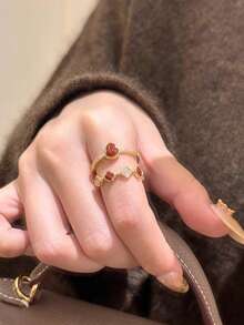 1pc Minimalist Fashion Red Oil Drop Gourd Four-Leaf Flower Open Ring, Luxury High-End Stackable Versatile Index Finger Ring For Women, New Year - Multicolor - View 4