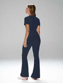 FWH Energetic Casual Style Casual Light Sporty Style, Women's Short Sleeve T-Shirt + Flared Pants Two Pieces Set Summer Sports - Navy Blue - View 4