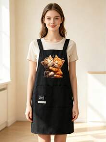 Cute Cat Print Black Apron With Double Pockets, Cross-Back Design For Comfortable Wear Without Shoulder Pressure, Multiple Adorable Cat Patterns Available. Durable And Practical Fabric, Suitable For Home Cooking, Baking, Crafting And Housework, Ideal For Housewives And Cooking Enthusiasts, Oil-Resistant And Water-Repellent, Combining Aesthetics And Functionality, Highly Attractive Protective Apron For Home Kitchen Use. - Multicolor - View 14