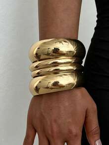 4/3pcs Vintage Exaggerated Luxurious Old Money Style Geometric Design Women's Wide Plain Metal Bangle Set, Suitable For Daily Wear, Party, Vacation, Date, Wedding, Gathering, Perfect Gift Choice - Gold - View 2