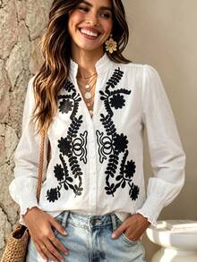 Women's White Floral Leaf Embroidered Stand Collar Long Sleeve Button Front Ruffle Cuff Shirt For Casual Vacation Home Holiday Spring Autumn Winter - White - View 8