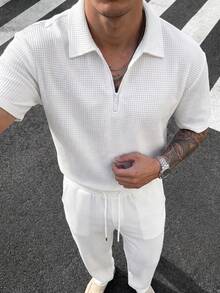 Men's Waffle Texture Turn-Down Collar Half-Zip Short Sleeve Polo & Drawstring Straight Leg Pants 2-Piece Set, Fashion Casual Everyday - White - View 6