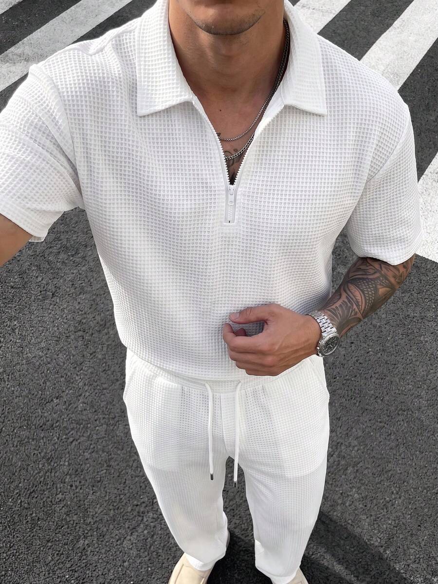 Men's Waffle Texture Turn-Down Collar Half-Zip Short Sleeve Polo & Drawstring Straight Leg Pants 2-Piece Set, Fashion Casual Everyday - White - View 1