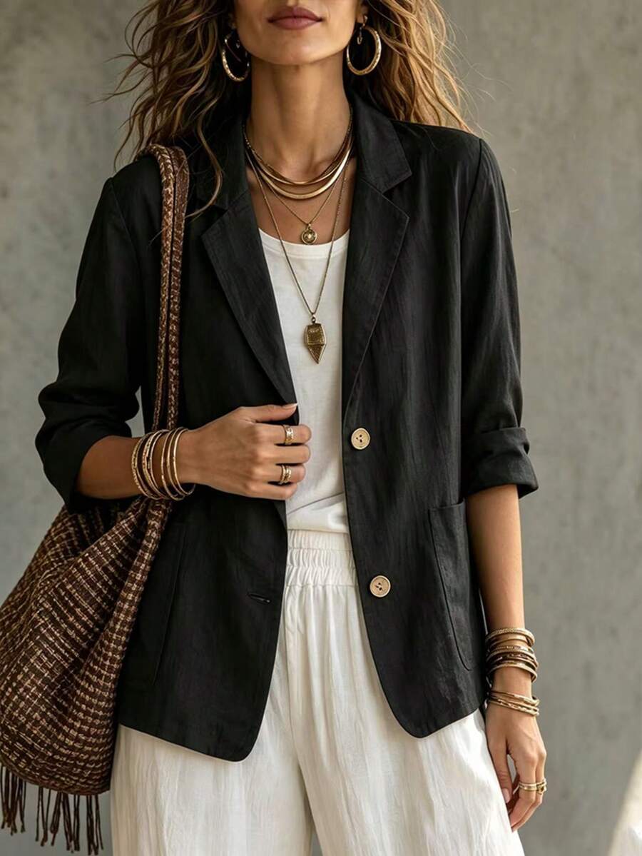 Women's Black Minimalist Casual 3/4 Sleeve Small Suit Jacket, Retro Double-Breasted Versatile Office Wear Fall - Black - View 1