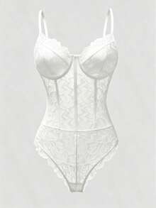 JSE Romantic Lace Trim Figure-Hugging Backless Bodysuit, Slim & Sexy - White - View 2