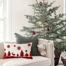 2 Buah Sarung Bantal Dekoratif Natal, Motif Salju Musim Dingin, Rusa Kutub, dan Siluet Pohon Pinus, Dekorasi Natal/Dekorasi Rumah/Dekorasi Kamar, Cetak Satu Sisi, Isian Bantal Tidak Termasuk - Merah - View 5