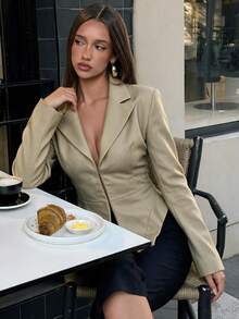 Da Jade Women Fall French Lapel Collar Zip Up Cropped Jacket Long Sleeve Fitted Waist Outerwear City Stroll Weekend Getaway Night Out Chic Versatile - Khaki - View 2