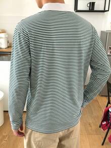 1pc Boys Casual Minimalist Versatile Retro Pinstripe Patchwork Small Collar Long Sleeve POLO Shirt Top, Spring/Autumn/Winter - Green - View 2