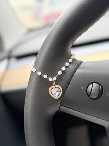 1pc Rhinestone Heart Pearl Chain Car Steering Wheel Hanging Decoration, Car Interior Decor Accessory, Car Ornament - A - View 4