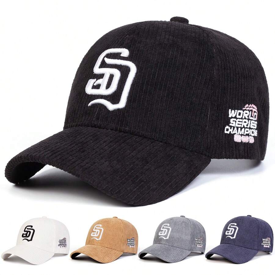 1pc Men's Corduroy SD Letter Embroidered Baseball Cap, Street Fashion Casual Hat, Spring/Autumn Travel, Beach Vacation - Multicolor - View 1
