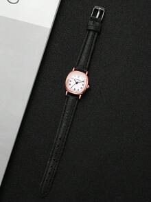 Minimalist Vintage Style Women's Wristwatch, Rose Gold Small Square Case With Brown Leather Strap, Clear Number Dial, Versatile Quartz Watch For Daily Wear, Gift For Girlfriend (1pc/Set), Watch Box Not Included - Black - View 8