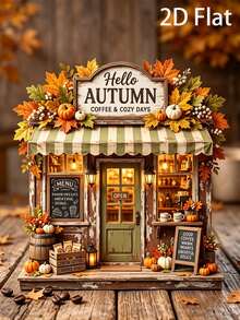 2D Flat Autumn Coffee Shop Decor, 2D Flat, Autumn Farmhouse Style Coffee Bar Decor, Rustic Pumpkin Wooden Storefront Sign, Cozy Autumn Multi-Layer Tray Decor - Multicolor - View 1