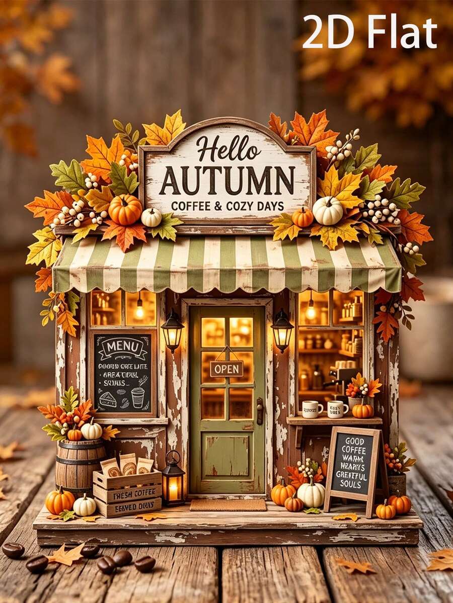 2D Flat Autumn Coffee Shop Decor, 2D Flat, Autumn Farmhouse Style Coffee Bar Decor, Rustic Pumpkin Wooden Storefront Sign, Cozy Autumn Multi-Layer Tray Decor - Multicolor - View 1