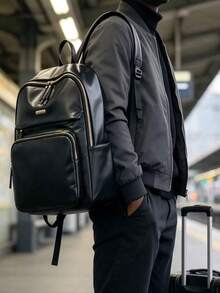 Men's Solid Color PU Glossy Backpack With Multiple Zippers, Casual Daily Use, Large Capacity Travel And Work Backpack With Side Pockets - Black - View 2