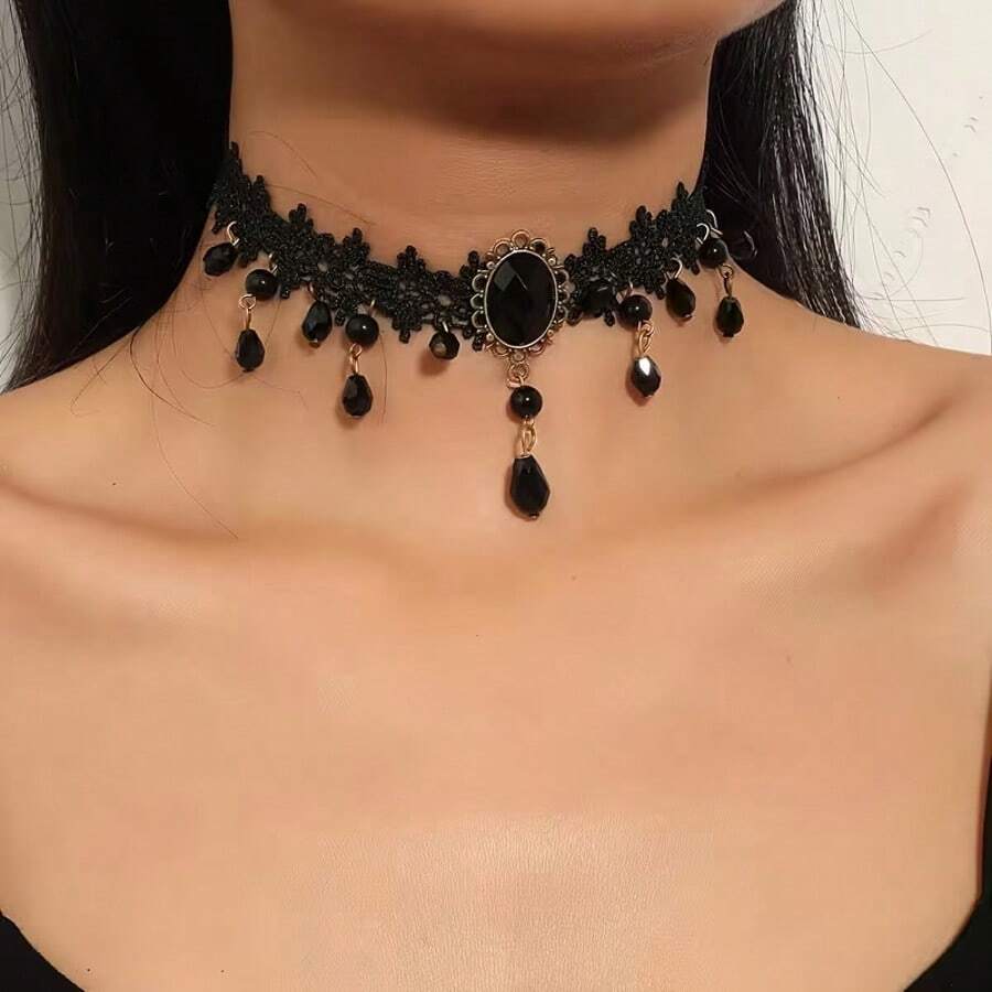 1pc Gothic Style Black Tassel Lace Short Necklace Choker For Women, Suitable For Vacation, Party, Daily Wear, Halloween Costume Accessory - Gothic Necklace - View 1