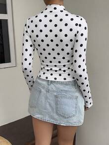 SCARLUX Fall Winter Women Y2K White Polka Dot Long Sleeve Top, Keyhole Mock Neck Fitted Tee For Back To School Street Commute Loungewear - White - View 11