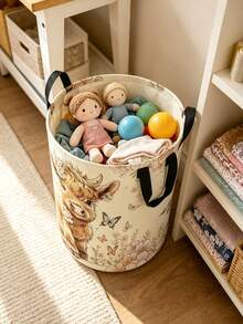 Cute Highland Cow Floral Print Laundry Hamper, Collapsible Large‑Capacity Storage Basket With Handles, Clothes Storage, Unisex, Essential For Daily Home And Dorm Use - Multicolor - View 10