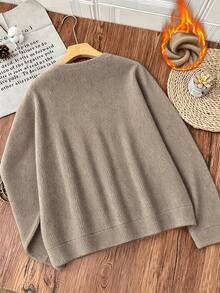 Plus Size Women's Casual Crew Neck Long Sleeve Sweater Top Outfit Set, Spring Autumn Winter - Earth Gray - View 6