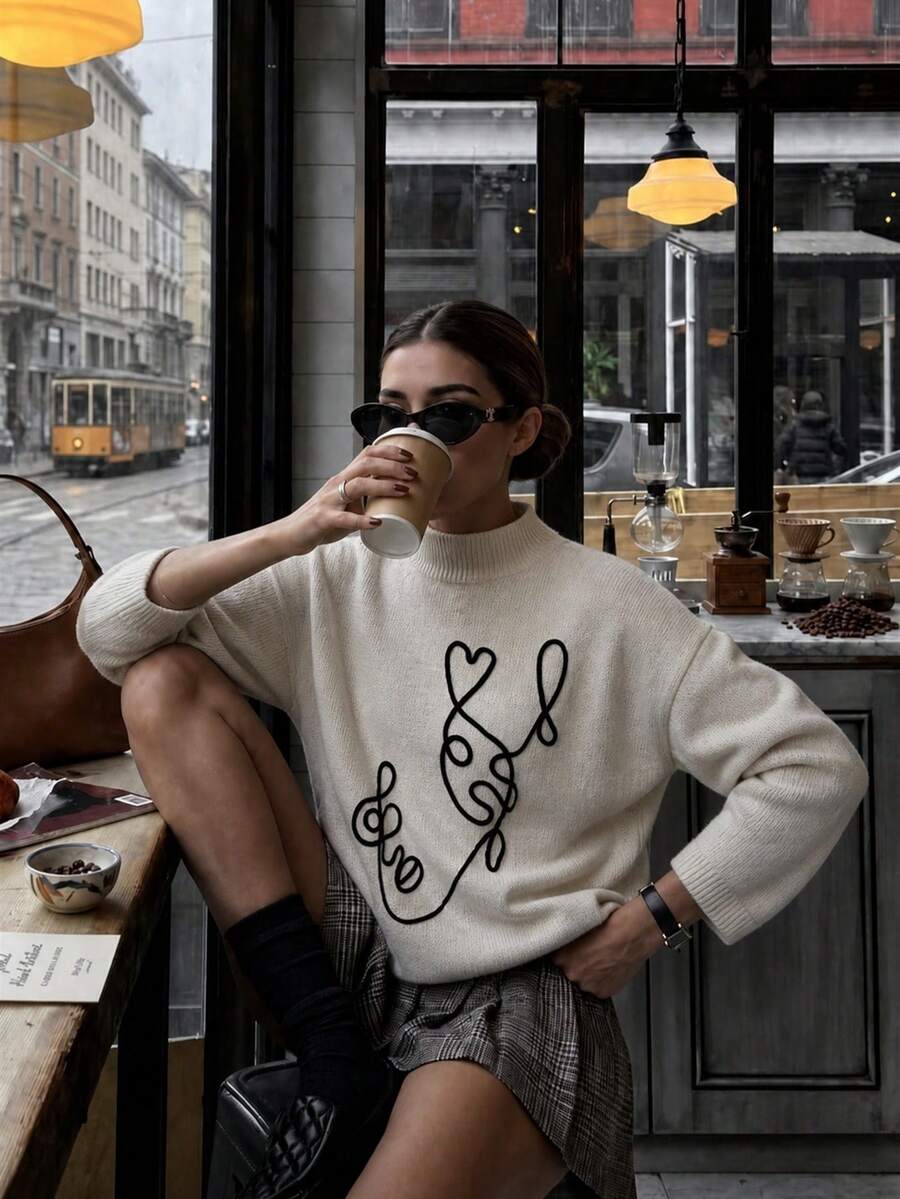 Figure Graphic Mock Neck Drop Shoulder Sweater; Suitable For Autumn/ Winter; Everyday Wear - White - View 1
