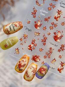 1 Sheet 3D Autumn Maple Fire Fox Nail Stickers, Red Maple Fox Cursive English DIY Press‑On Nail Charms - Multicolor - View 4