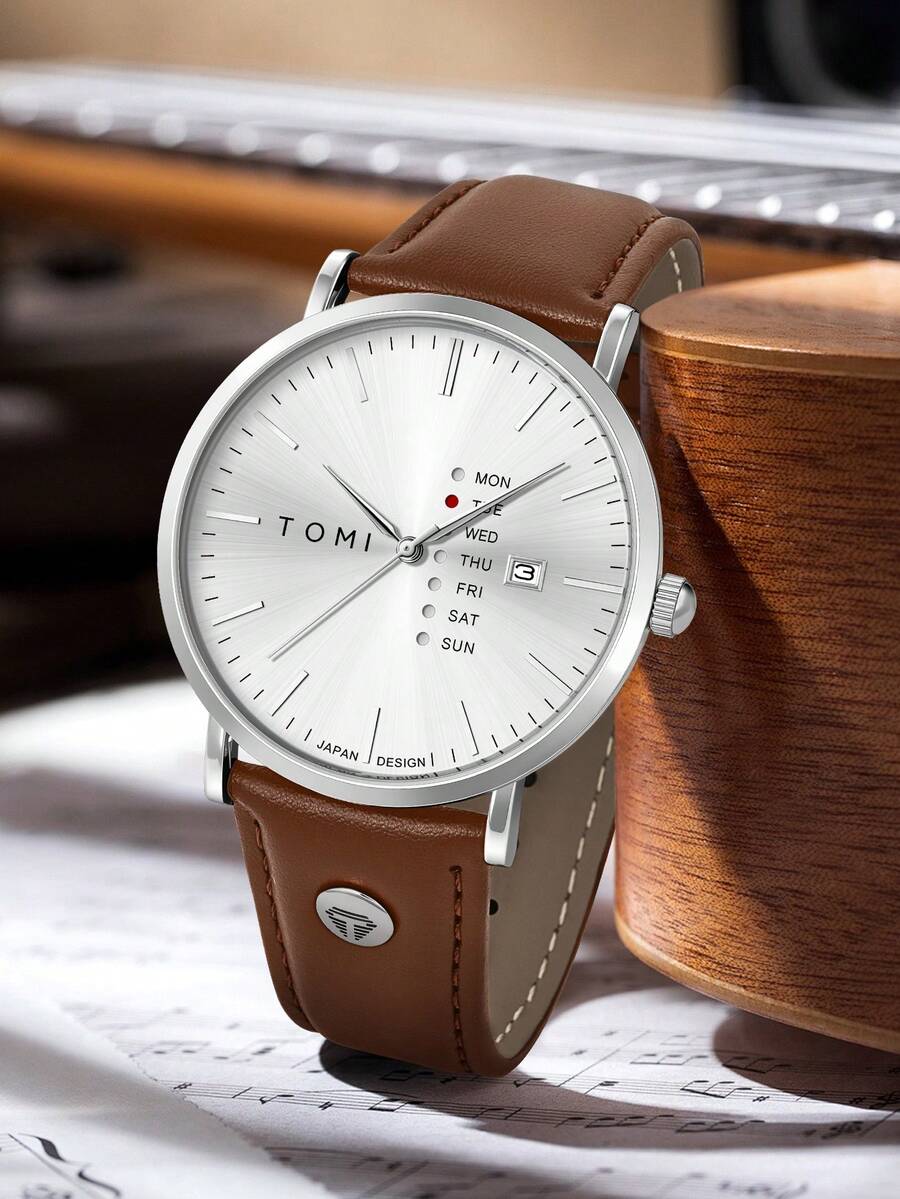 TOMI 1pc Boxed Men's Ultra-Thin Minimalist Quartz Watch With Date, PU Leather, Premium Niche Style, Suitable For Daily Wear, Holiday Gift, Year-End Christmas - Brown - View 1
