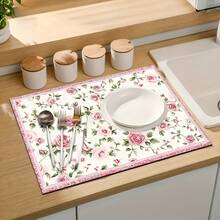 1pc Extra Large Draining Mat, Pink Rose Print, Bar Countertop Waterproof Mat, Drying Mat, Drainage Mat, Coffee Machine Mat, Coffee Cup | Tableware Draining, Absorbent Quick-Drying Draining, Washable And Reusable, Suitable For Kitchen | Cafe, Tea Cup, Coffee Cup, Coffee Machine Accessories, Home Decor For Coffee Lovers, Rental Home Renovation - Multicolor - View 6