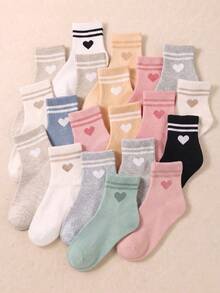 20/10 Pairs Girls Mid-Crew Socks, Sweet Heart Pattern, Pastel Tone, Cute Striped Design, Fall Socks For Girls, Toddler Girl Fall, Fall Decor - Multicolor - View 3