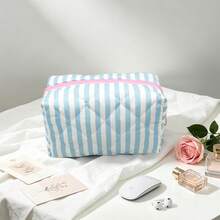 Blue Diamond Grid Stripe Makeup Bag, Handheld Large Capacity Toiletry Bag, Portable Travel Cosmetics Storage Pouch, Stationery Pen Case, Multifunctional Storage Bag, Perfect Holiday Gift - Blue and White - View 4