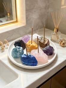 1pc Natural Crystal Incense Stick Holder, Raw Stone Incense Burner For Amethyst Rose Quartz Clear Quartz Fluorite, Home Aromatherapy Meditation Decor, Zen Yoga Room Ornament, Incense Not Included, Gift For Women Girls - Multicolor - View 3