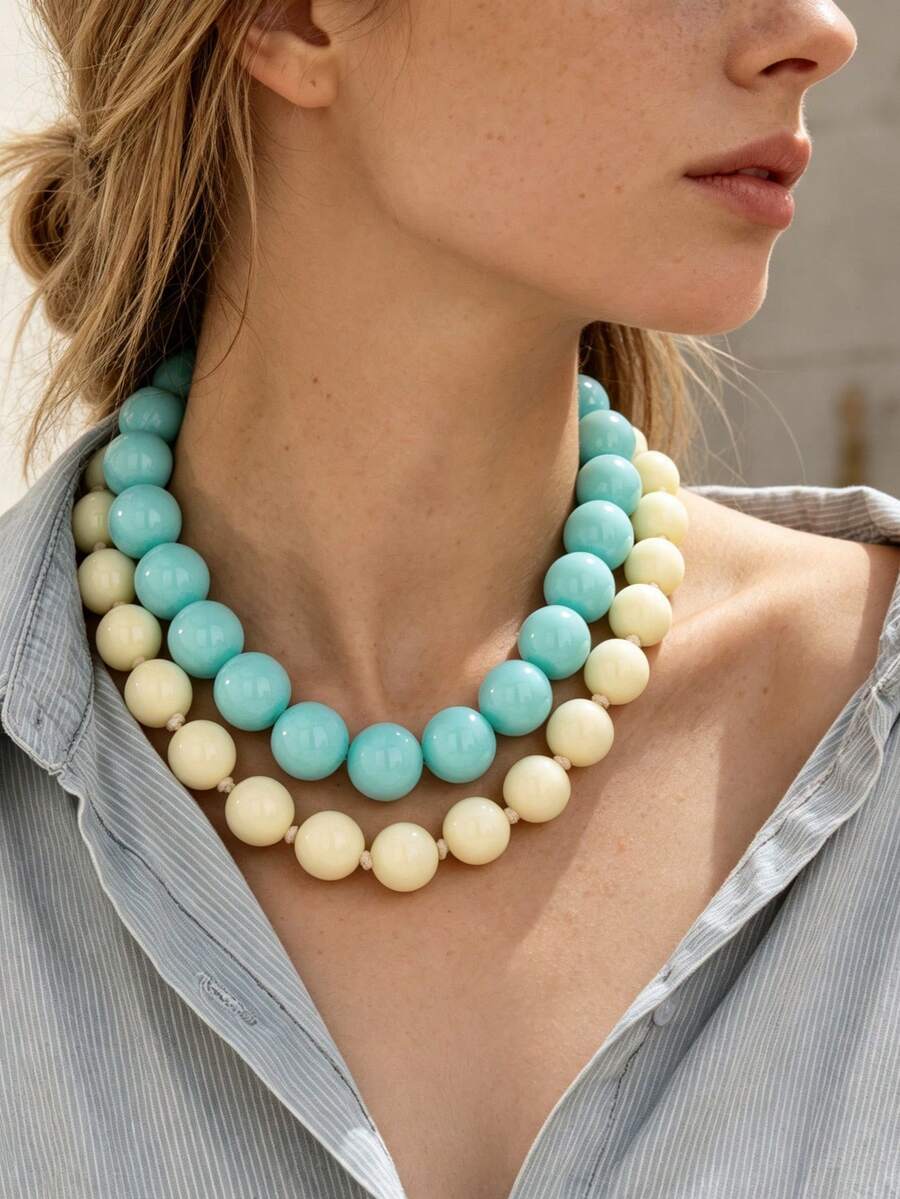 OABE 2pcs/Set Bohemian Style Cream Blue & Cream White Dual-Color Layered Beaded Necklace Set, Suitable For Women's Daily Wear, Holiday/Anniversary Gift - Multicolor - View 1
