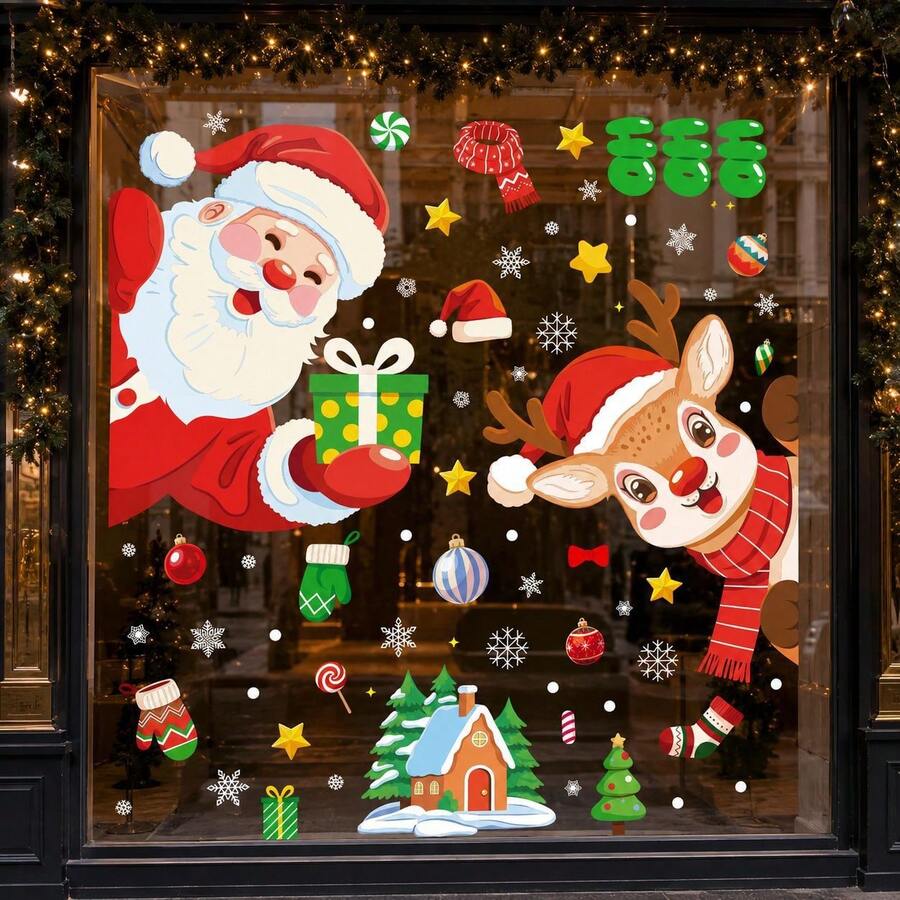 1pc New Christmas Sticker Santa Claus Reindeer Glass Sticker Holiday Atmosphere Decoration Static Window Decal - Multicolor - View 1