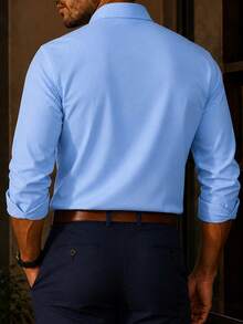 Men's Slim-Fit Casual Long-Sleeve Button-Up Shirt - Soft Textured Cotton-Linen Blend Breathable Shirt For Modern Smart-Casual & Everyday Wear - Baby Blue - View 3