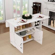 110x70x80 Cm Rectangular Folding Mobile Dining Table / Multifunctional Kitchen Island In Modern Style / With 5 Shelves And 5 Swivel Casters (4 Lockable) / Space-Saving / For Kitchen, Apartment, Office, Student Residence - White - View 3