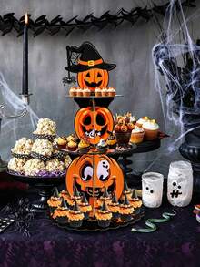 1pc Halloween 3-Tier Cake Display Stand, Paper Pumpkin Dessert Tray, Halloween Party Supplies, 3-Tier Paper Cake Display Rack, Autumn Harvest Table Decor, Ghost Theme Cupcake Stand, Desktop Dessert Display Rack, Halloween Room Decor, Birthday Party Table Decor, Mysterious Theme Table Decor, Home Decor, Household Storage Tray - Multicolor - View 1