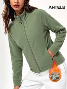 AHTELB Women's Solid Color Fleece Jacket, Women's Autumn/Winter Fleece Jacket, Women's Raglan Sleeve Fleece Jacket, Suitable For Girlfriend's Autumn Outfit - Green - View 2