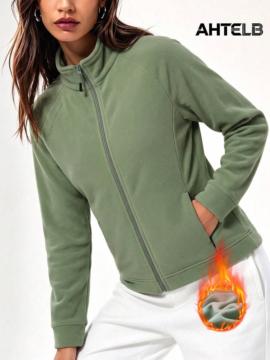 AHTELB Women's Solid Color Fleece Jacket, Women's Autumn/Winter Fleece Jacket, Women's Raglan Sleeve Fleece Jacket, Suitable For Girlfriend's Autumn Outfit