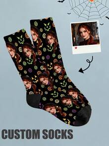 1 Pair Customized Mid-Calf Socks, Bow Tie Pattern, Customized Face Pattern Socks, Couple Socks, Customized Photo Socks, Customized Printed Socks, Personalized Funny Face Pattern Socks, Customized Image Socks, Can Print Any Face Shape On Socks, Anniversary Gift, Valentine's Day Gift, Birthday Gift, Wedding Gift, Mother's Day Gift, Father's Day Gift, Gift For Best Friend, Gift For Parents, Gift For Girlfriend/Boyfriend - Black - View 6