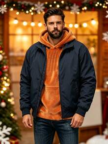 ARUNOW Men's Solid Color Polar Fleece Hooded Sweatshirt, Large Kangaroo Pocket Pullover, Casual Street Style Loose Fit Hooded Top, Suitable For Daily Commute And Weekend Outdoor - Orange - View 5
