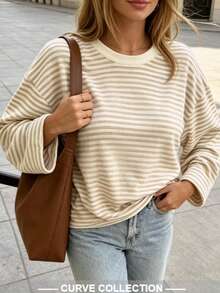 Women's Striped Round Neck Long Sleeve Plus Size Knit T-Shirt, Regular Length Medium Stretch, Comfortable Autumn Basic Top - Khaki - View 4