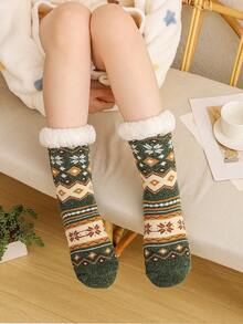 1 Pair Women's Fuzzy Socks, Thick Fleece Mid-Calf Socks, Christmas Gift For Women In Autumn And Winter - Army Green - View 3