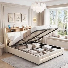 Modern Double Bed Frame 137x190cm, Upholstered Platform Bed With RGB LED Headboard And Storage Shelf, White Bed With Wood Slats, APP & Remote Control LED Lights, No Box Spring Required - White - View 10